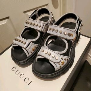 GUCCI Stud Embellished Silver Grey Leather Sandals